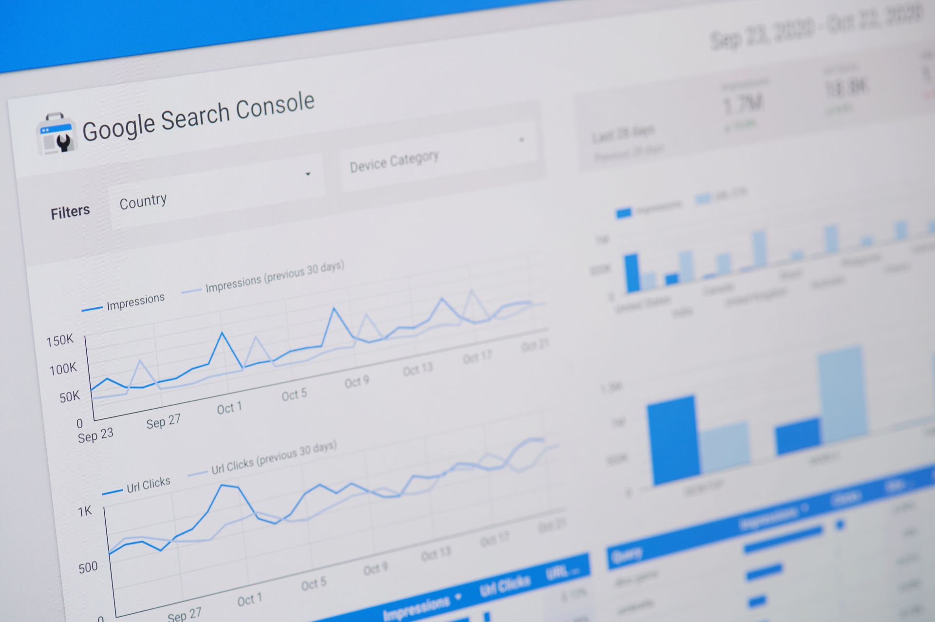 Google Search Console dashboard with blue line and bar charts on a white screen