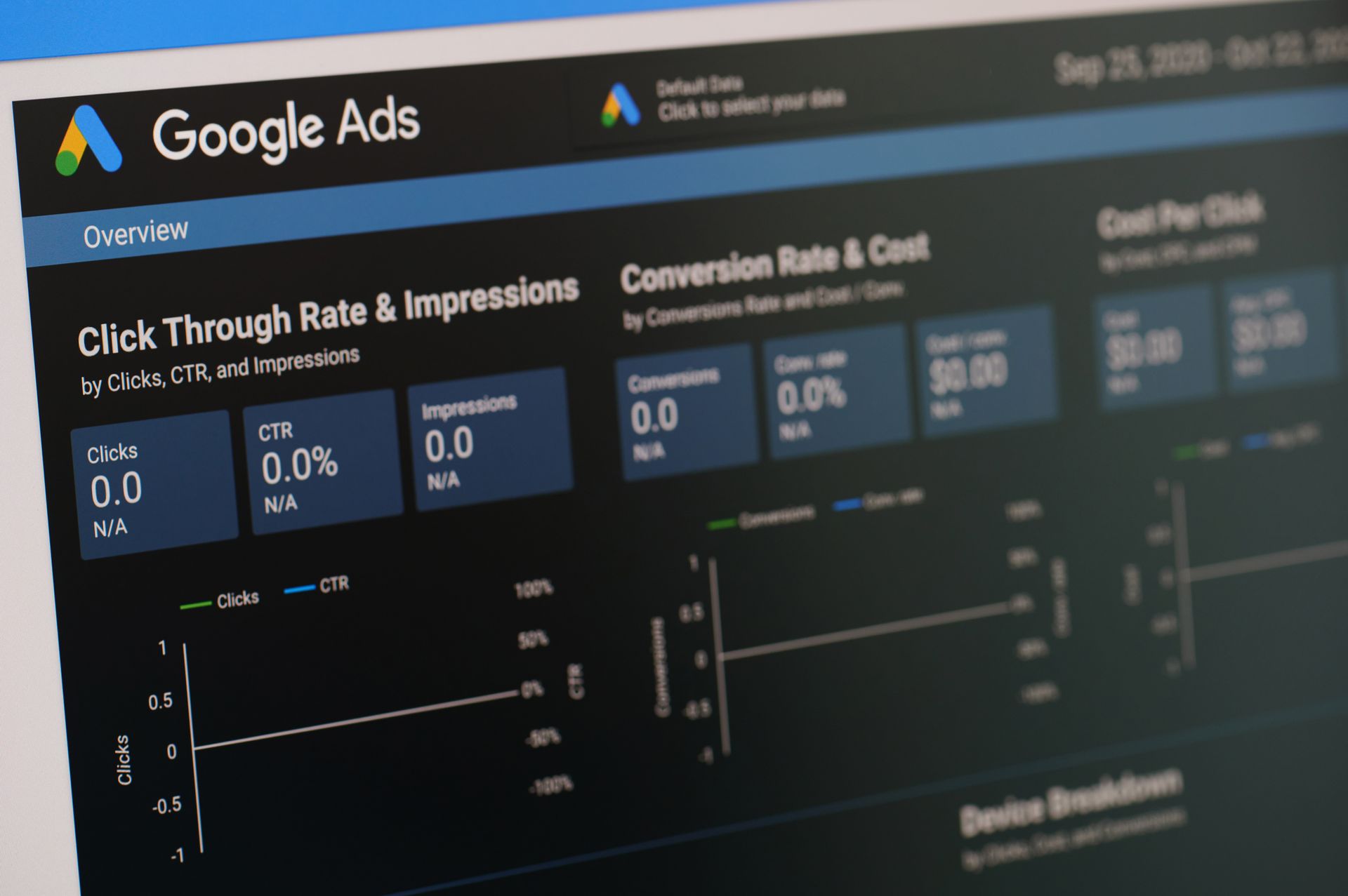 Google Ads analytics dashboard with dark theme and charts for clicks, conversions, and cost per click