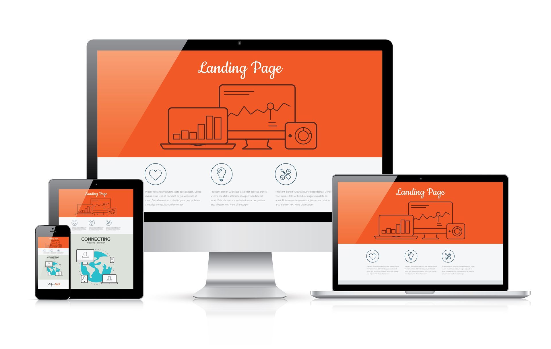 Responsive website mockup on desktop, laptop, tablet, and phone with orange header screens