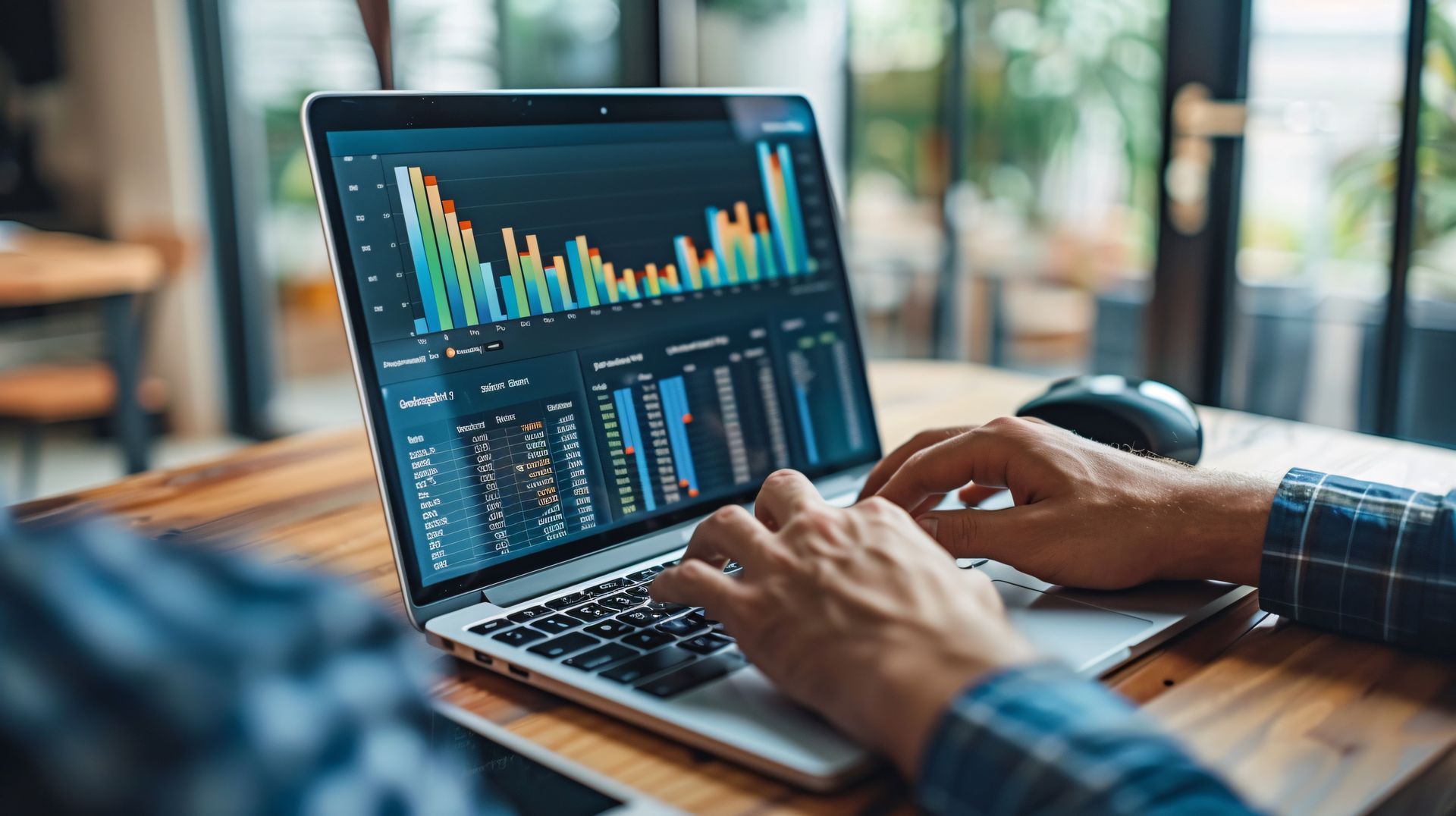 Hands typing on a laptop showing financial charts and analytics in a bright office.
