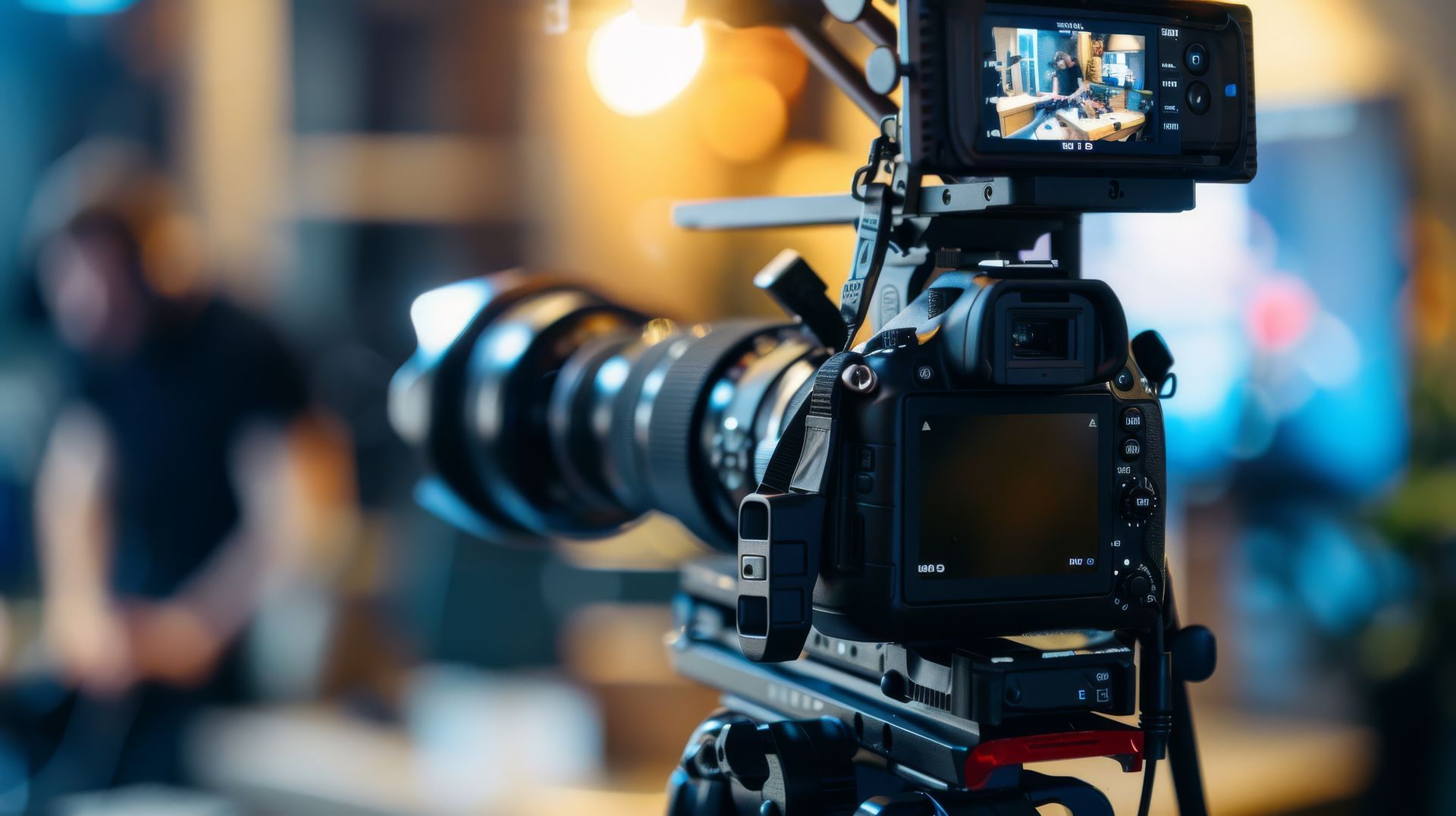 Professional video camera with large lens on a tripod in a blurred indoor studio setting