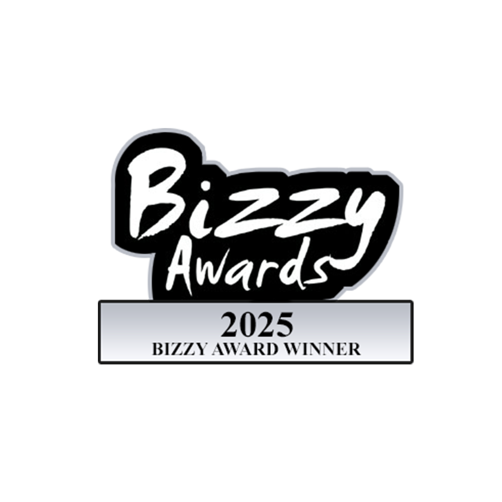 Bizzy Awards trophy, white and black design, reads "Bizzy Awards 2025 BIZZY AWARD WINNER".