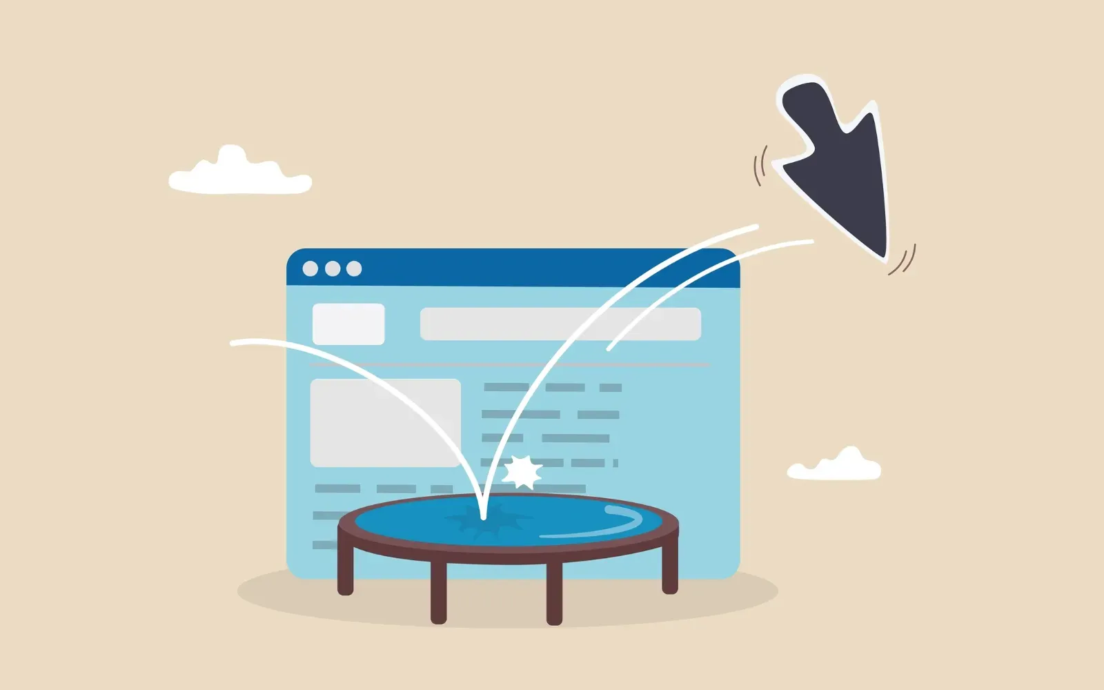 A mouse clicker icon bouncing off a trampoline. A mouse clicker icon bouncing off a trampoline.