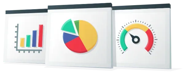 A pie chart , a bar graph , and a speedometer on a white background. A pie chart , a bar graph , and a speedometer on a white background.