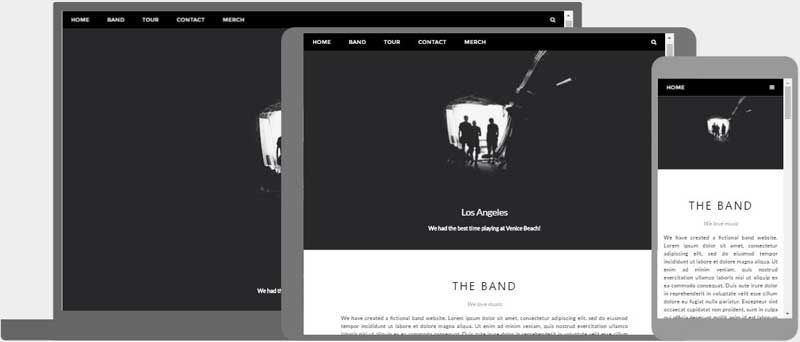 A laptop , tablet , and cell phone are displaying a website. A laptop , tablet , and cell phone are displaying a website.