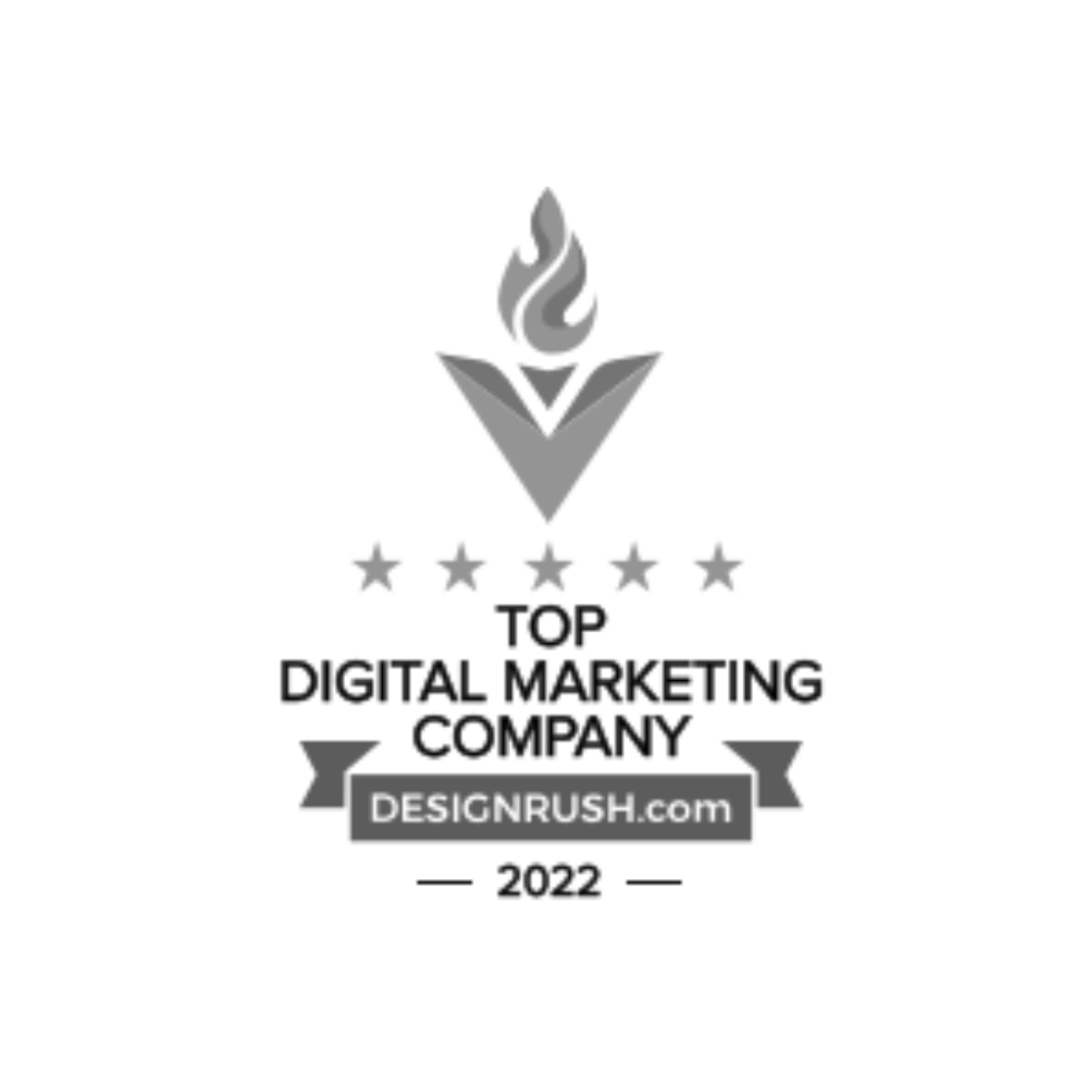 DesignRush "Top Digital Marketing Company" award badge, 2022. Features a flame and stars.