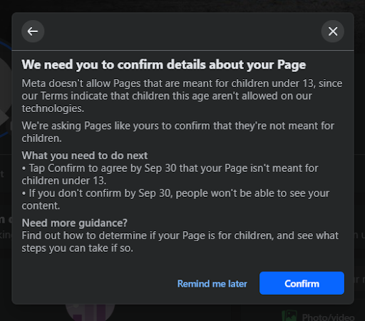 A facebook page that says we need you to confirm details about your page A facebook page that says we need you to confirm details about your page