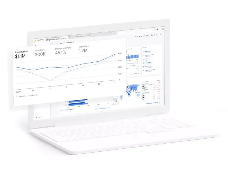 A white computer with a Google Analytics report on the screen. A white computer with a Google Analytics report on the screen.