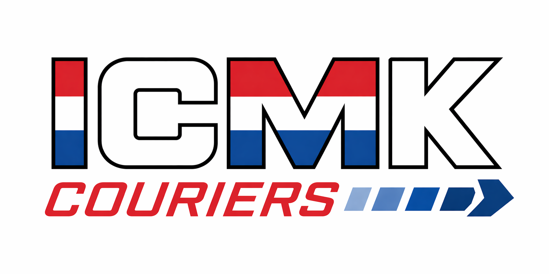 ICMK Couriers logo with red, white, and blue lettering and a blue arrow underline