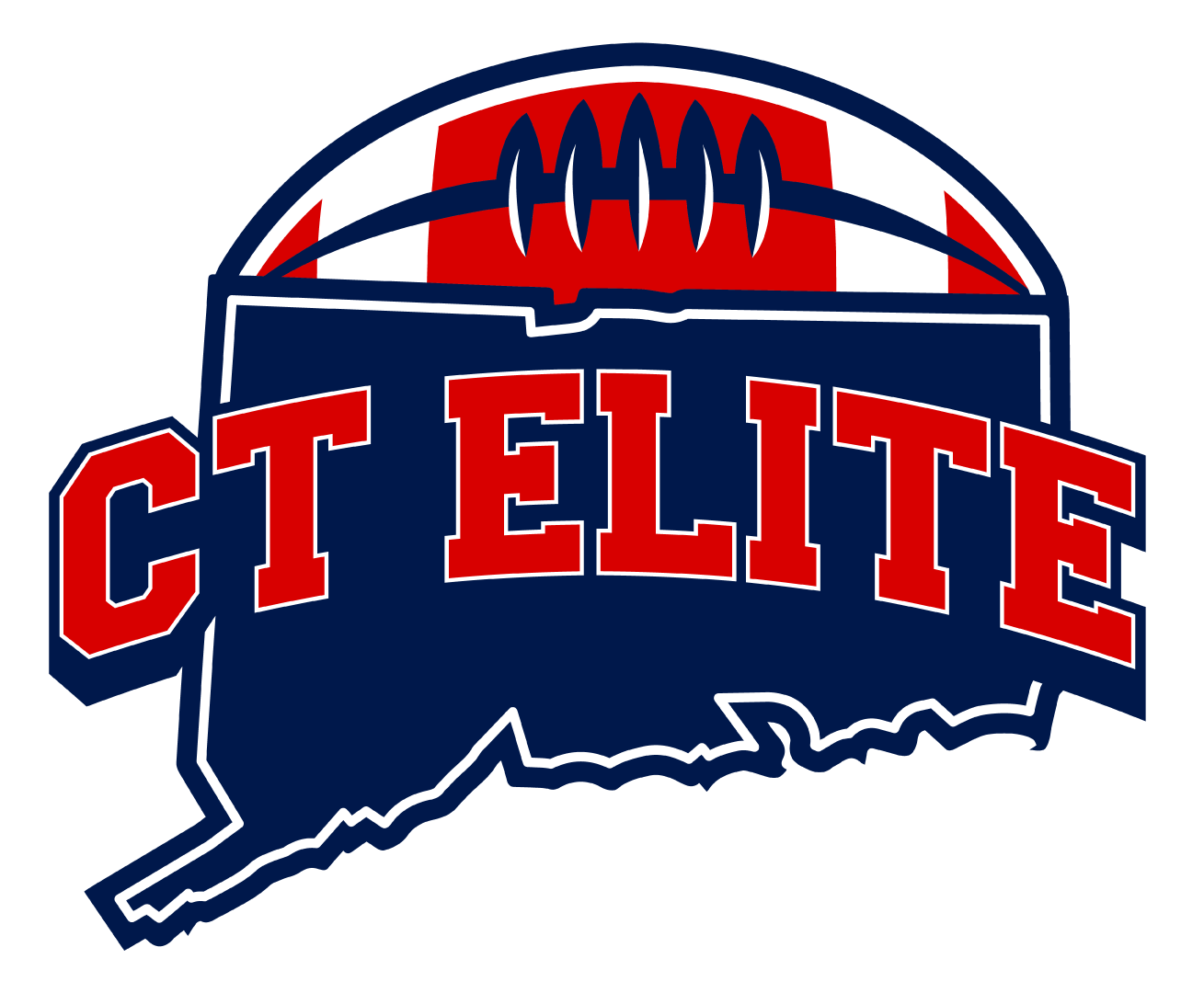 CT Elite logo with red lettering over a blue Connecticut outline and football graphic