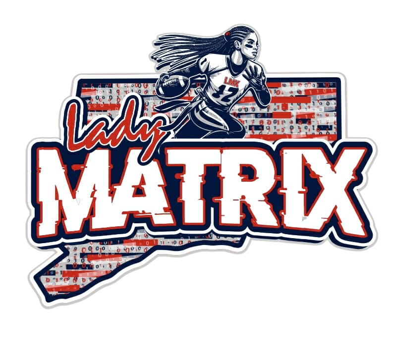 Lady Matrix sports logo with running figure over a red-white-blue Illinois-shaped backdrop