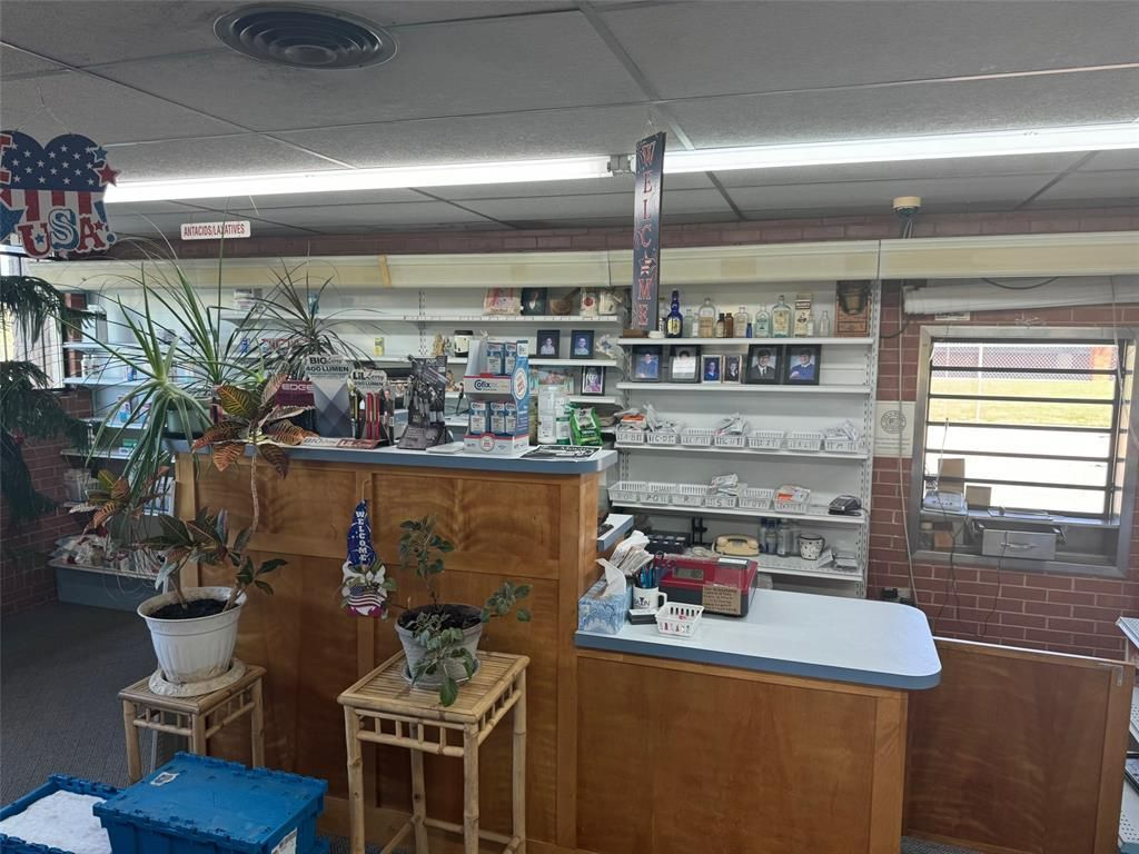 A pharmacy with a counter , shelves , and potted plants.
