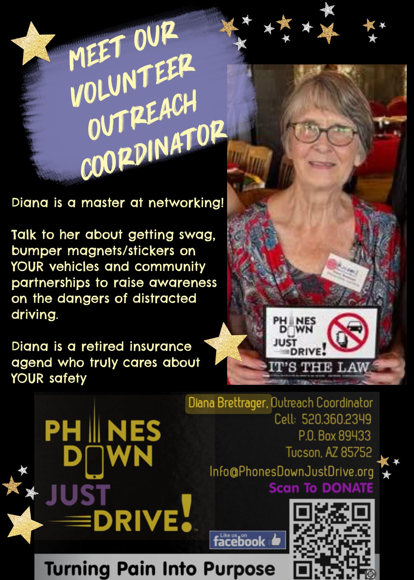 Flyer with Diana, a volunteer coordinator, holding a 