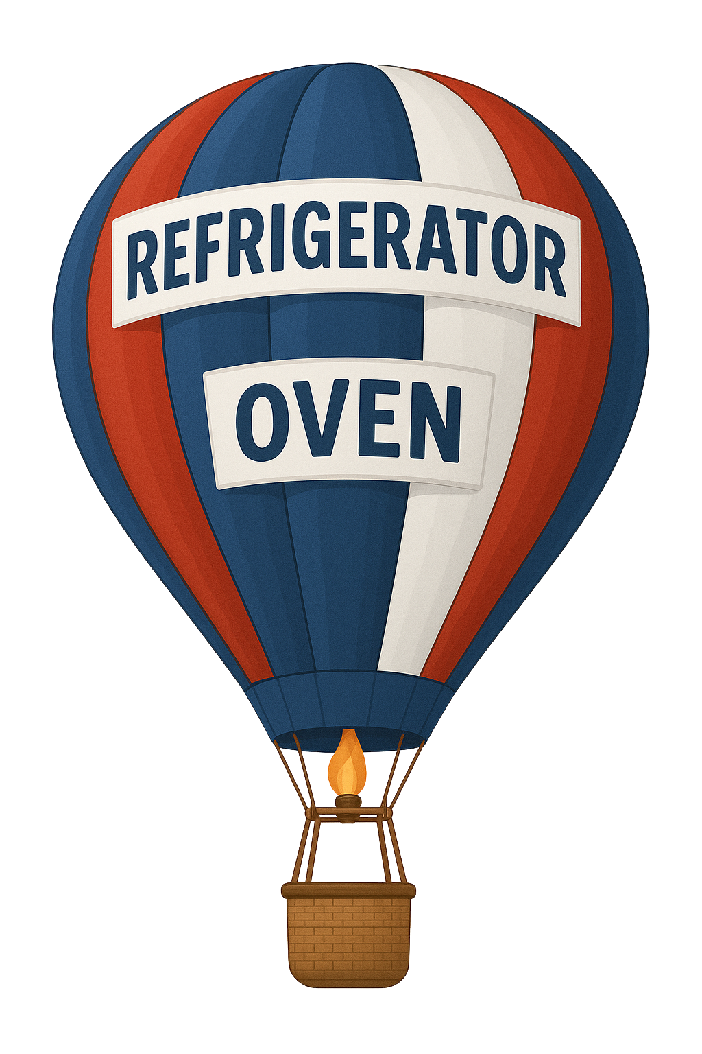 A red white and blue hot air balloon that says refrigerator oven