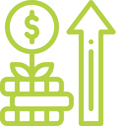 A green line icon of a dollar sign growing out of a gift box.