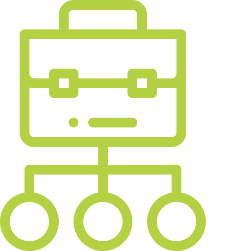 A green line drawing of a briefcase with three circles around it.