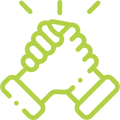 A green line icon of two hands shaking each other.
