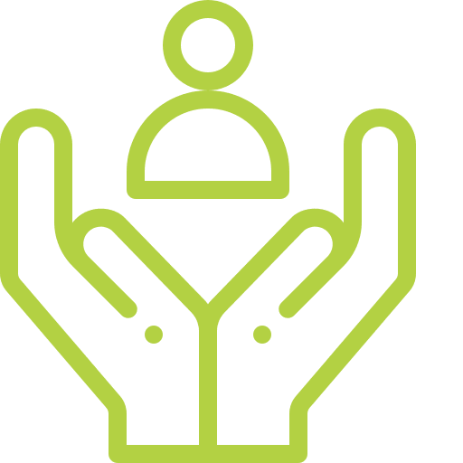 A green line icon of two hands holding a person.