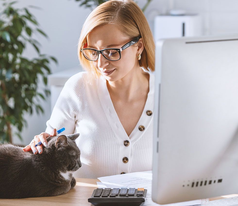 A woman is sitting at a desk with a cat and a computer.