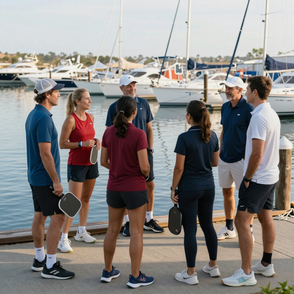 Group of people in athletic wear standing by a marina, holding paddleball paddles and talking near the water.