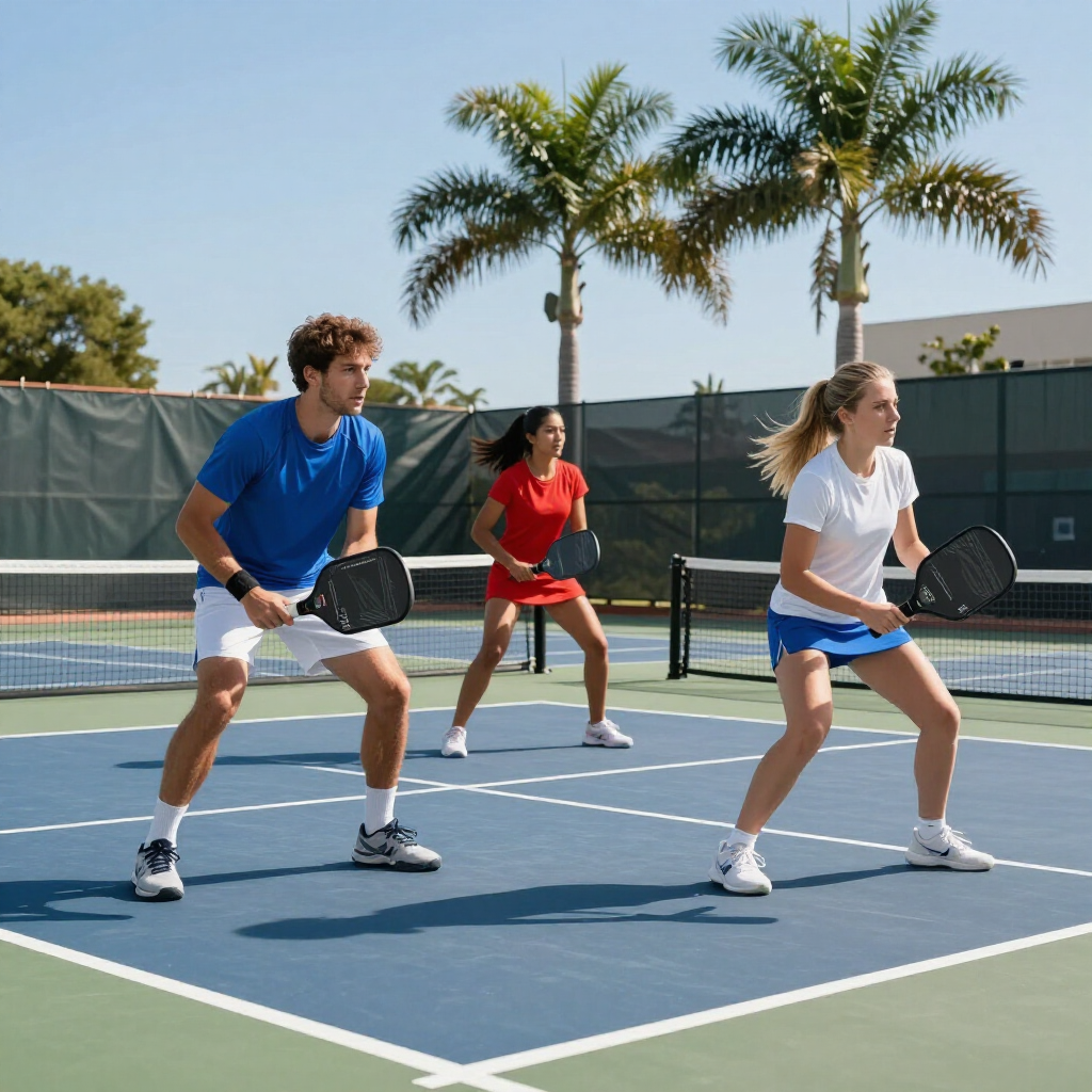 Three people playing pickleball on an outdoor court under palm trees, holding paddles and ready to return the ball
