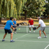 Four people playing pickleball outdoors on a green court, with trees and a net in the background
