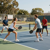 Four people playing pickleball on an outdoor court, two in front ready to volley.