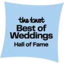 The Knot Best of Weddings Hall of Fame logo on a light blue square