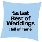 The Knot Best of Weddings Hall of Fame logo on a light blue square