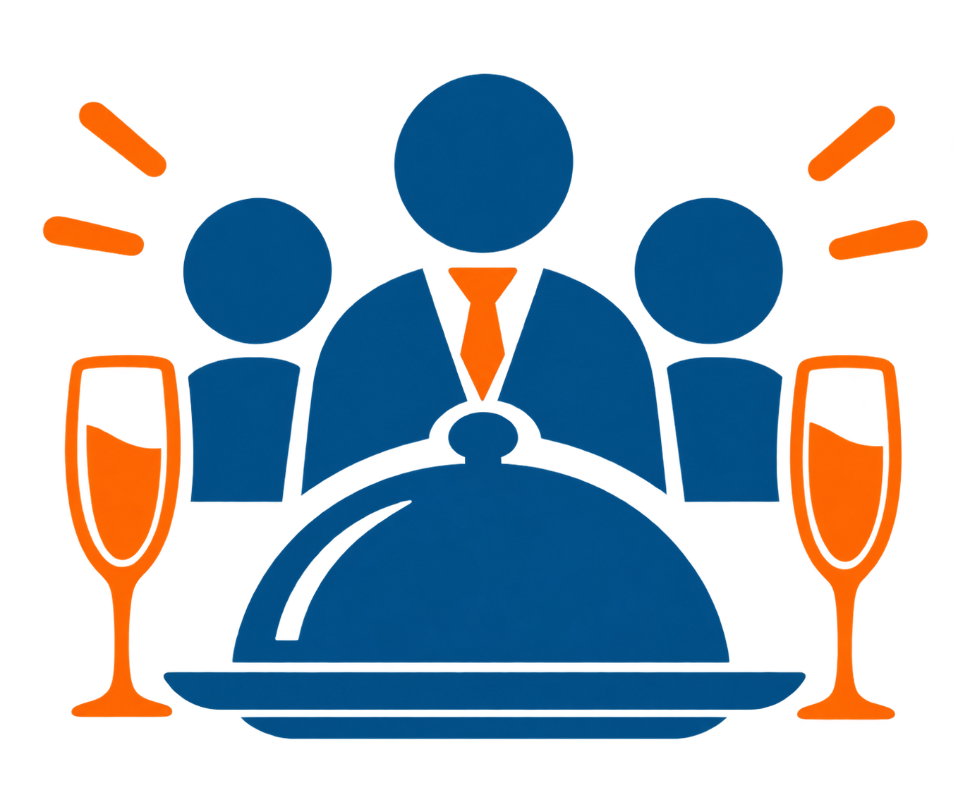 Business dinner icon with three people, covered serving tray, and champagne glasses in blue and orange