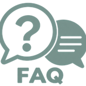 FAQ icon with overlapping speech bubbles, one with a question mark and one with text lines, in muted teal and gray
