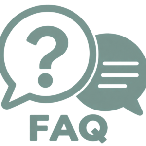 FAQ icon with overlapping speech bubbles, one with a question mark and one with text lines, in muted teal and gray