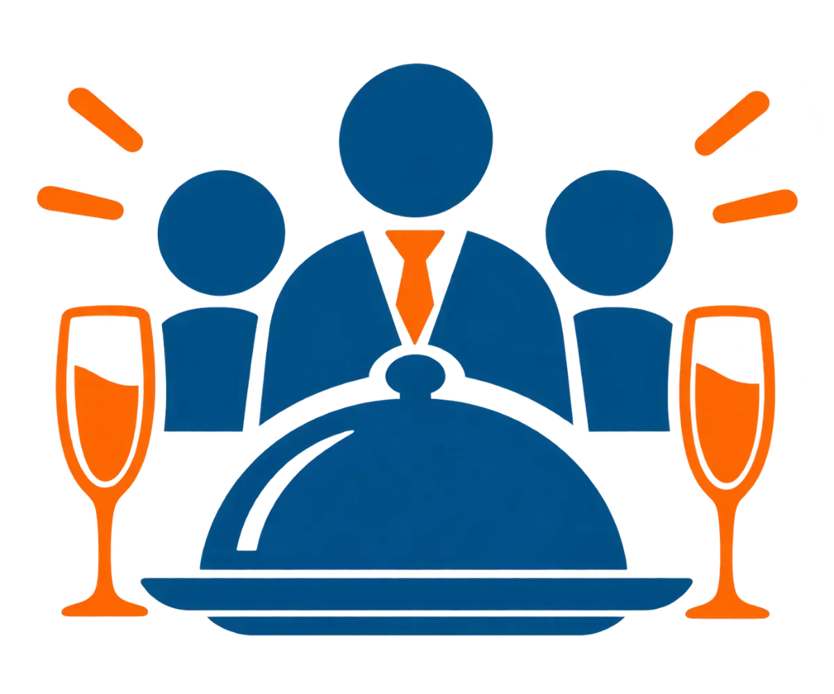 Business dinner icon with three people, covered serving tray, and champagne glasses in blue and orange