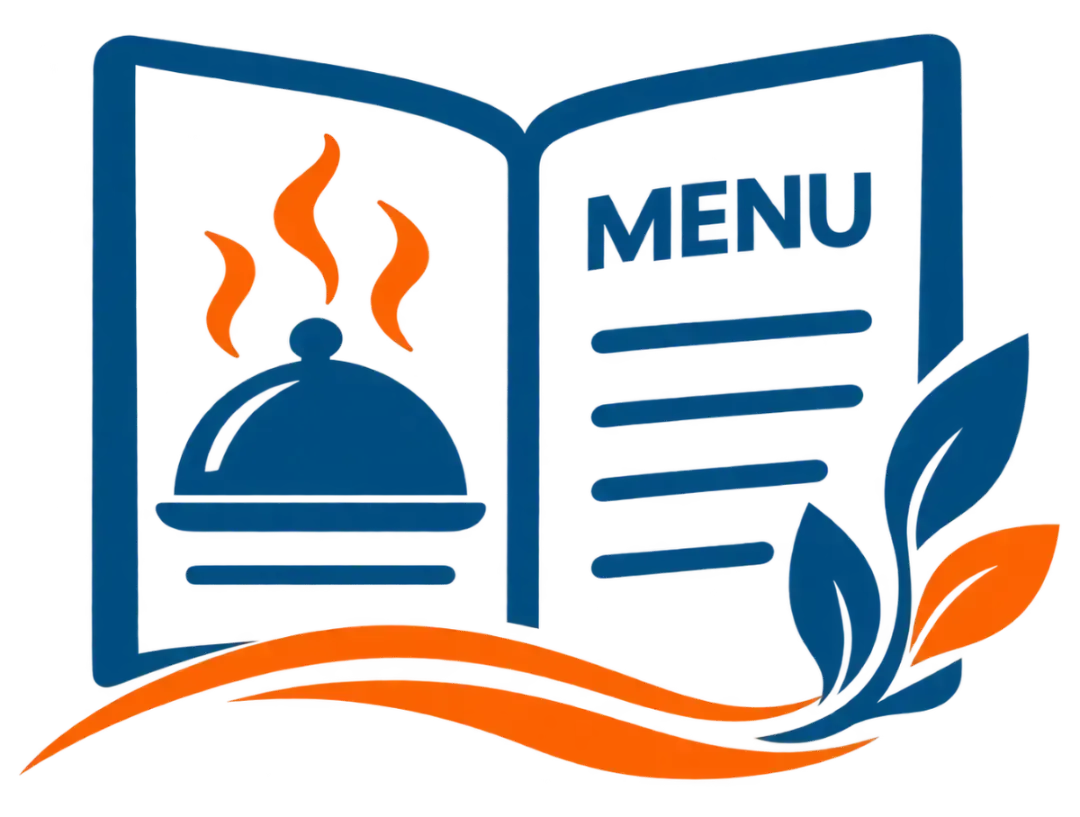 Open menu icon with a covered dish, orange steam, blue lines, and leaf accents