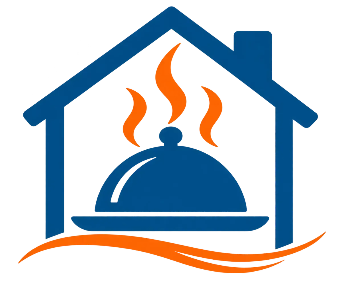 Blue house logo with a serving dome and steam, accented by orange waves below