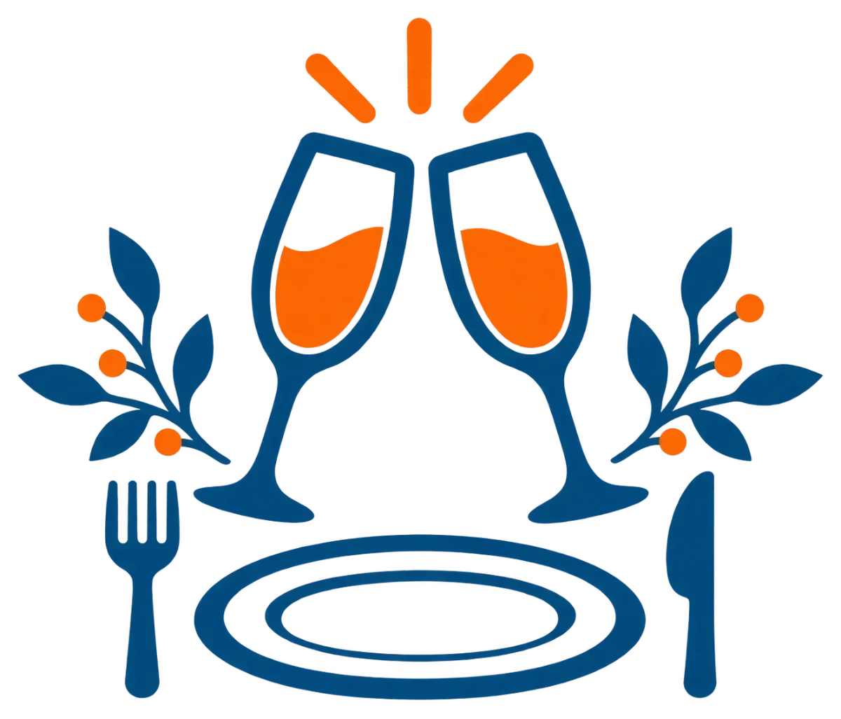 Two orange champagne glasses toasting above a blue dinner plate with fork and knife, framed by leaves