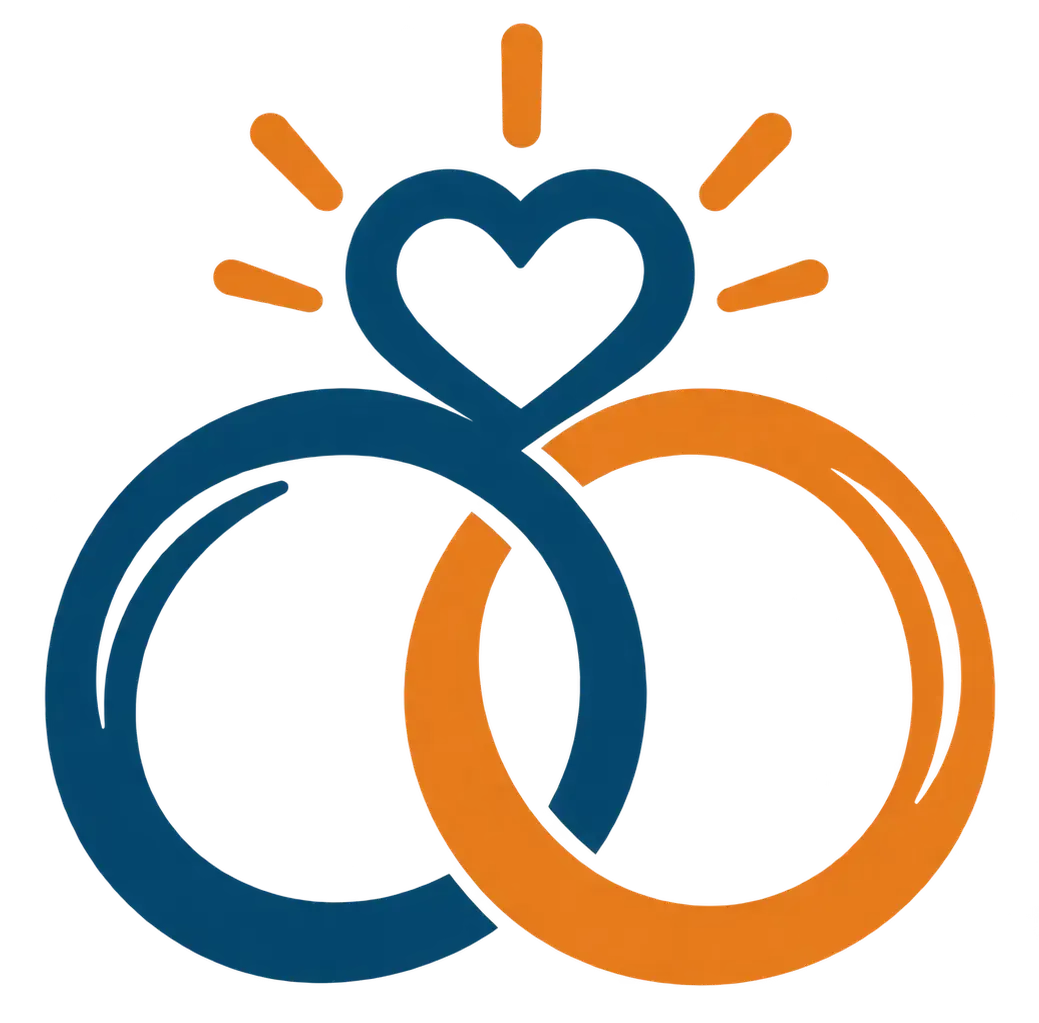 Blue and orange interlocking circles with a heart above and sun rays, suggesting care and unity