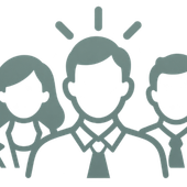 Three-person team icon with a central figure highlighted by rays above the head