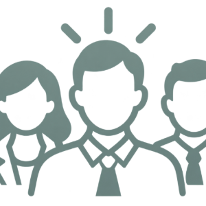 Three-person team icon with a central figure highlighted by rays above the head