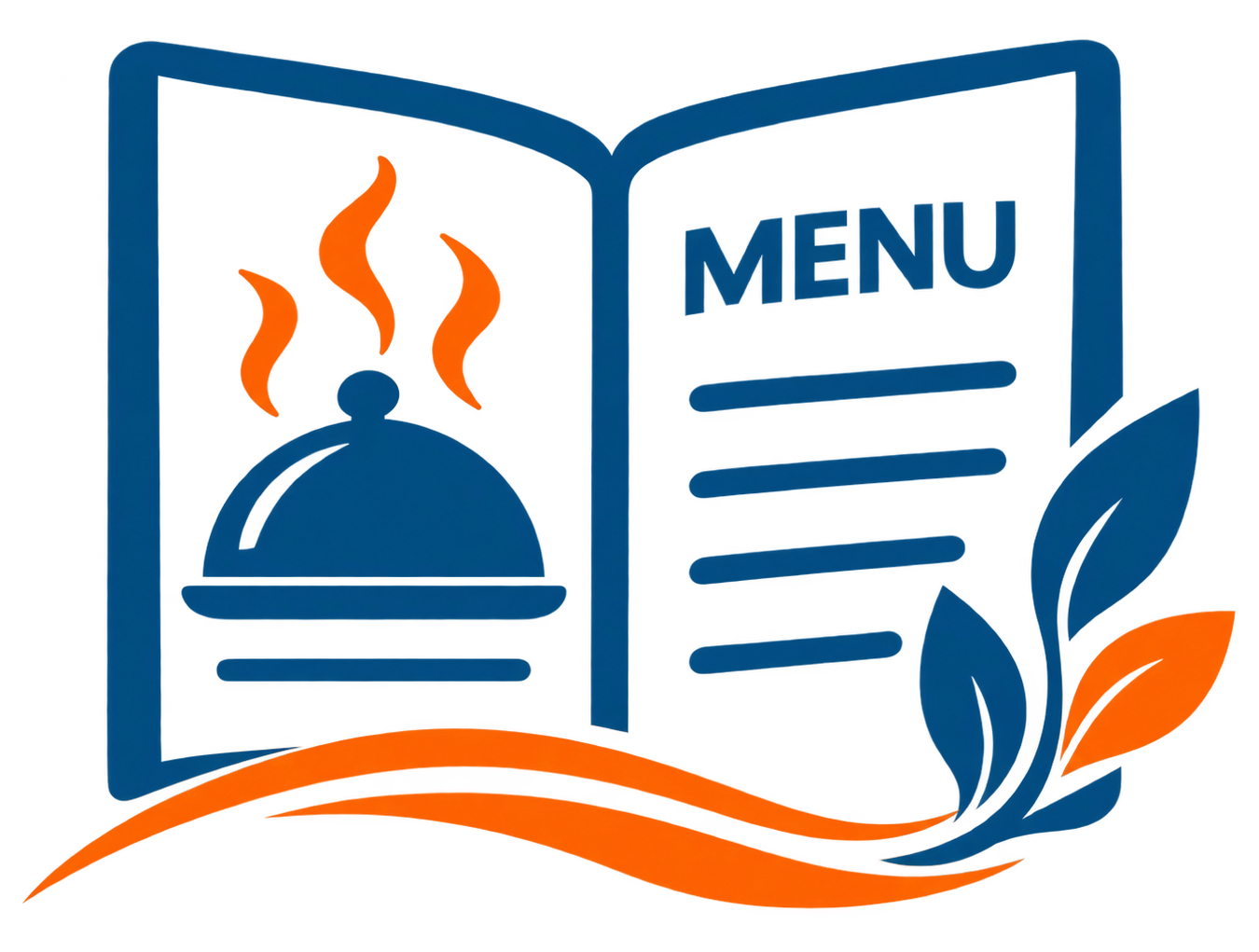 Open menu icon with a covered dish, orange steam, blue lines, and leaf accents