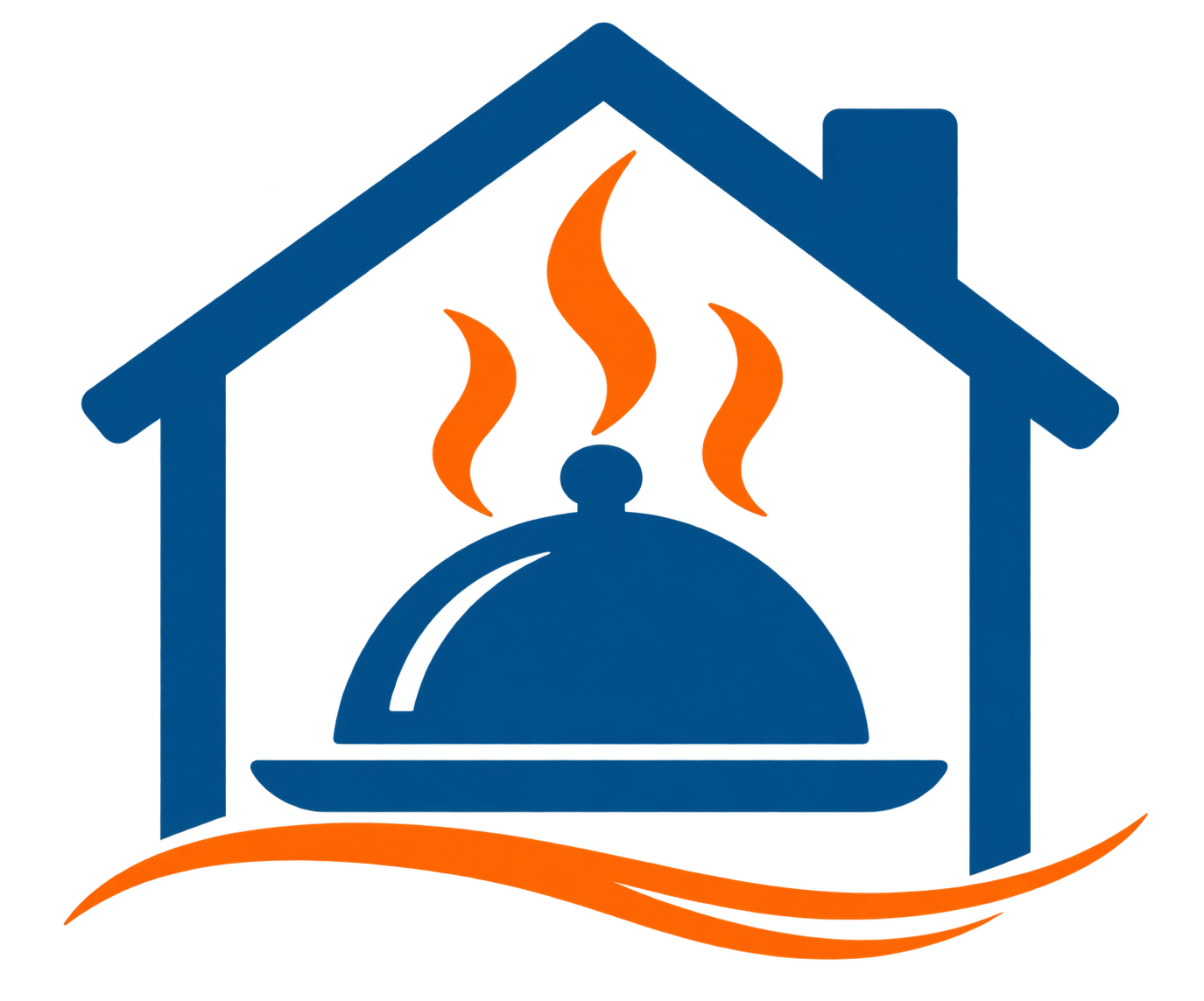Blue house logo with a serving dome and steam, accented by orange waves below