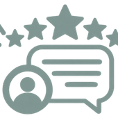 Chat bubbles with five stars and a user icon, suggesting positive customer feedback