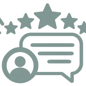 Chat bubbles with five stars and a user icon, suggesting positive customer feedback