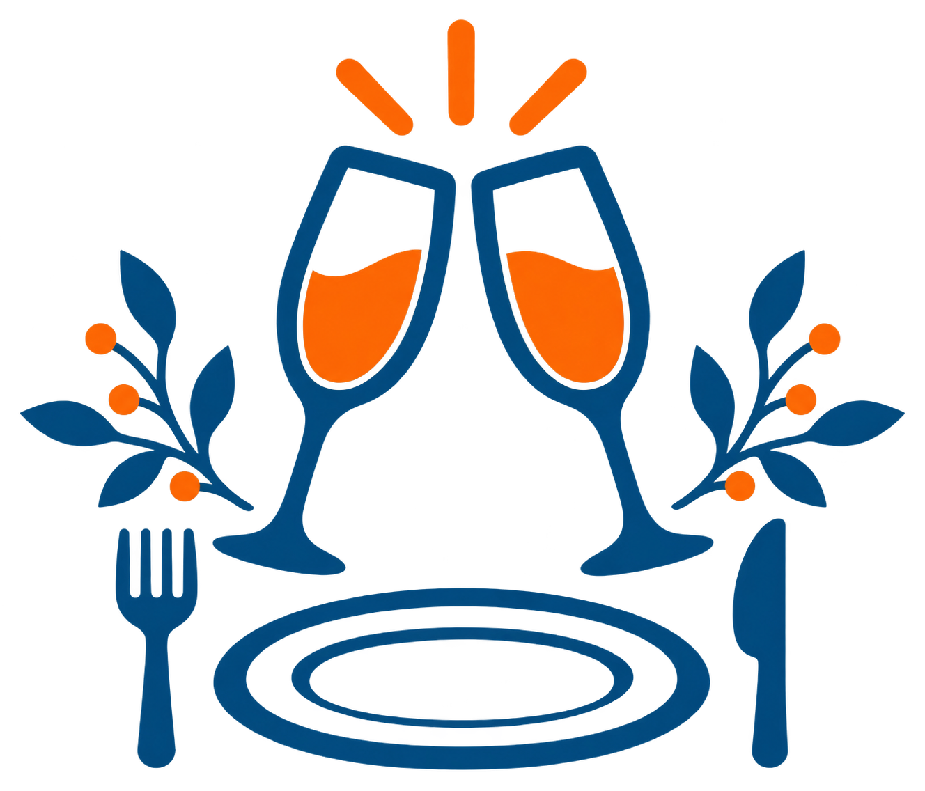 Two orange champagne glasses toasting above a blue dinner plate with fork and knife, framed by leaves