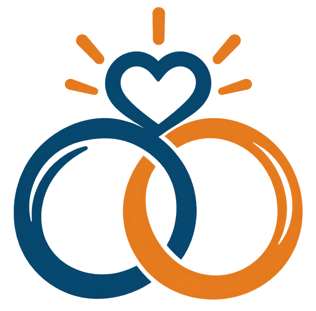 Blue and orange interlocking circles with a heart above and sun rays, suggesting care and unity