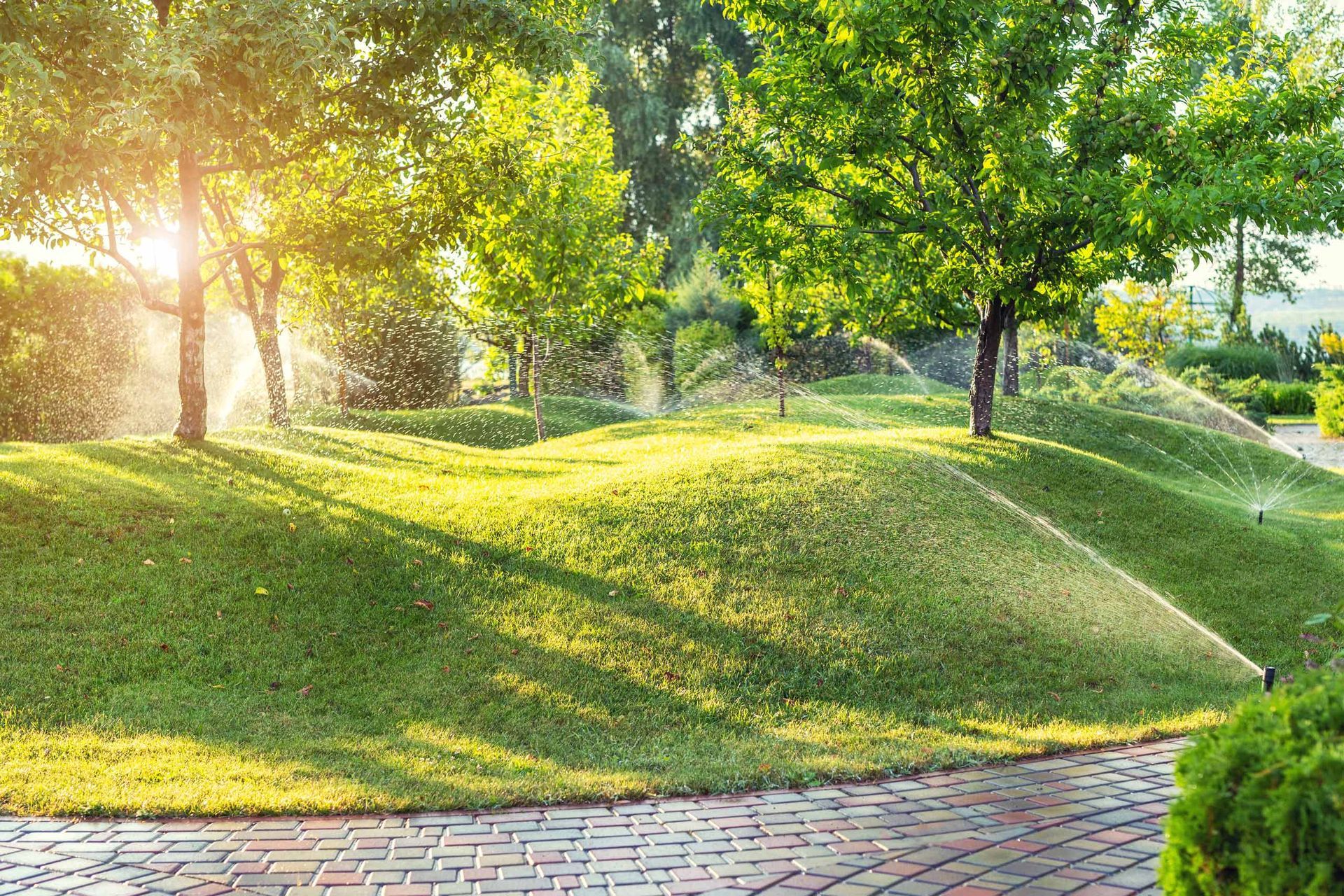 Green lawn hills with sprinklers under sunlight, with trees and a brick path.
