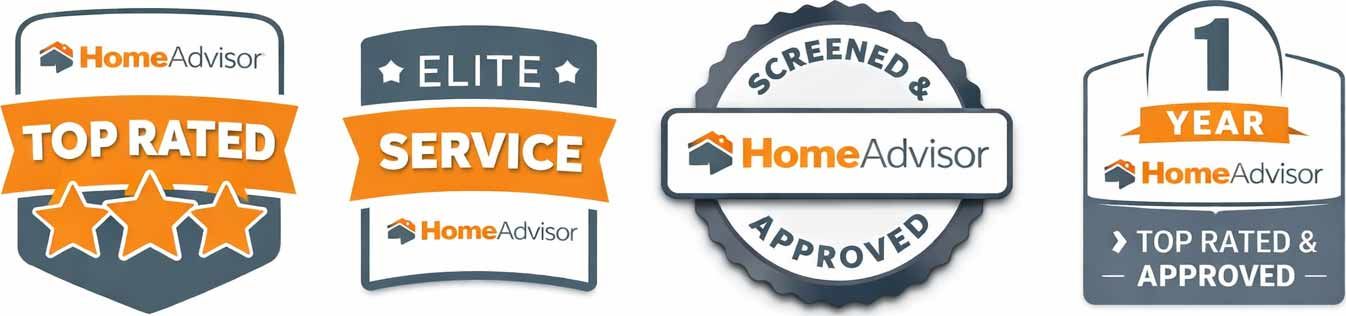 Four HomeAdvisor badges: Top Rated, Elite Service, Screened & Approved, and 1 Year Top Rated & Approved. HomeAdvisor badges: Top Rated, Elite Service, Screened & Approved, and 1 Year Top Rated & Approved.