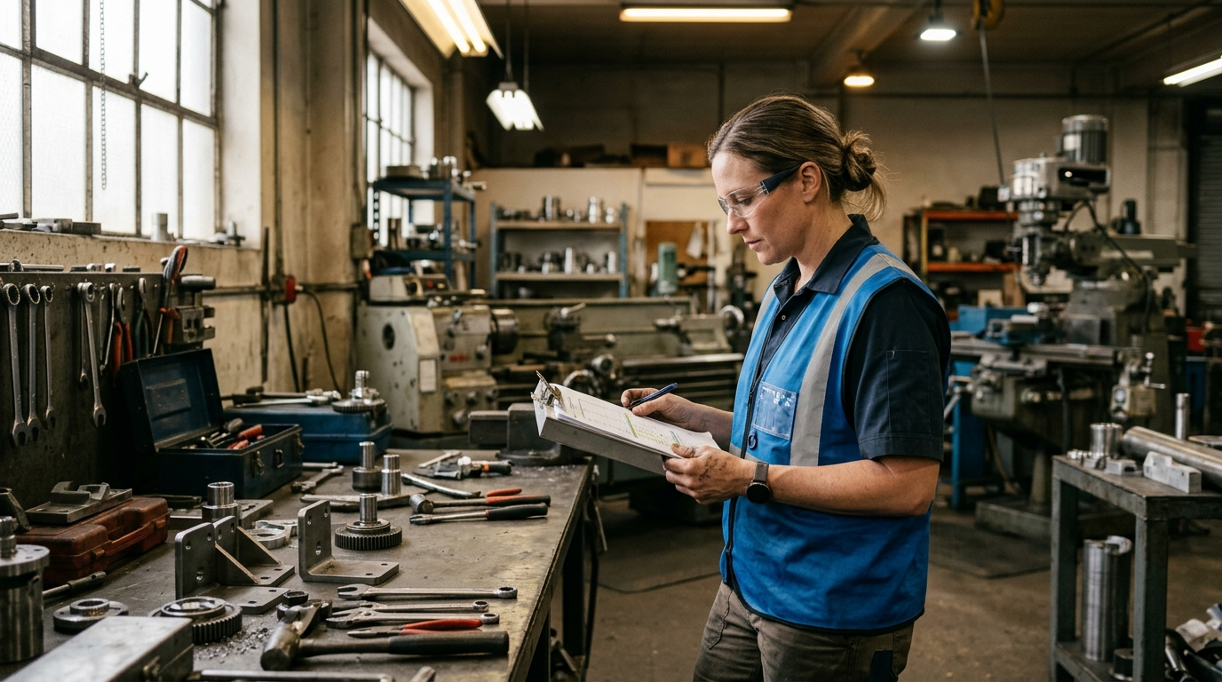 Worker in safety vest pausing at a workshop bench with tools and a clipboard under industrial light