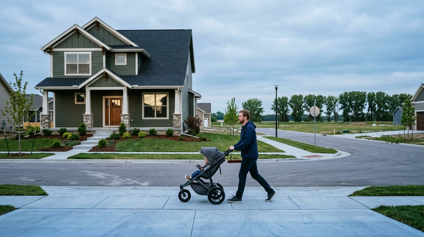 Newly built Craftsman home in a suburban Elkhorn Nebraska neighborhood with a parent pushing a stroller on the sidewalk