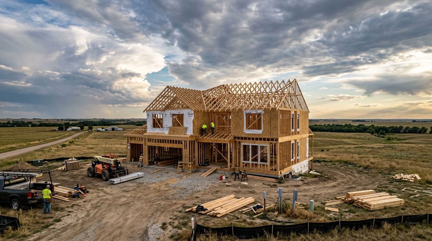 Partially framed wood-frame house under construction on a Nebraska job site under blue sky with storm clouds on the horizon